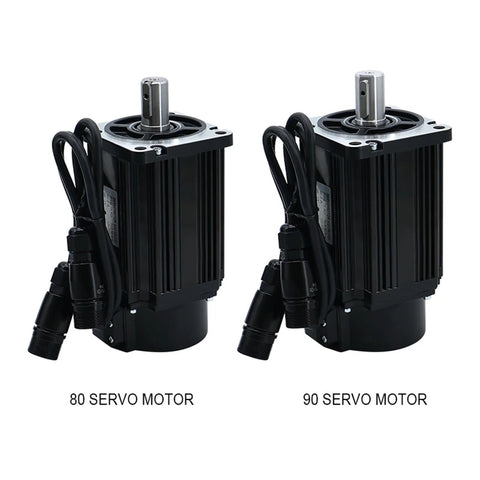 Two black 80ST and 90ST servo motors with top shafts, mounting flanges, and attached cables.