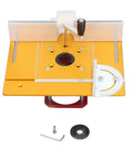 Rock Solid Router Lift System With Smooth Crank Dial Hella Sturdy Aluminum Base Precision Insert Plate top view with angle ruler and miter fence.