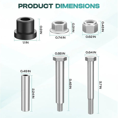Dimensions of EZGO TXT Rear Leaf Spring Bushings Kit components for 1994 and up golf carts, including bushings and hardware.