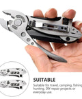 Hand holding Two Piece Portable Stainless Steel Multitool Pliers Set With Wire Cutters And Multi Purpose Wrench For Outdoor Survival Camping And Fishing Gear Built Tough As Nails For Any Adventure.