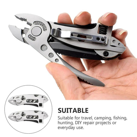 Hand holding Two Piece Portable Stainless Steel Multitool Pliers Set With Wire Cutters And Multi Purpose Wrench For Outdoor Survival Camping And Fishing Gear Built Tough As Nails For Any Adventure.