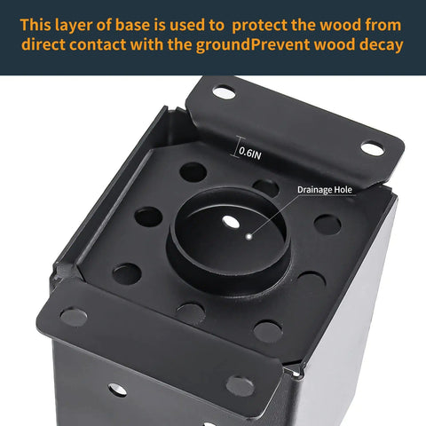 Close-up of Beefy 4x4 Post Base Brackets Set of 4 Inner 3.6 x 3.6 Inch Post Anchors with drainage hole in black powder coated steel.