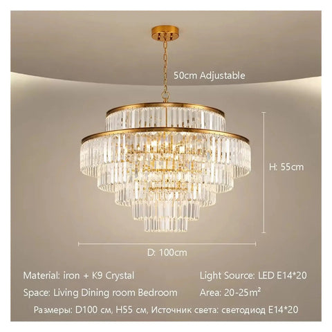Luxury Gold K9 Crystal Chandelier Modern LED Pendant Light Energy Saving Lamp D100cm for Living Dining Room Indoor Lighting.
