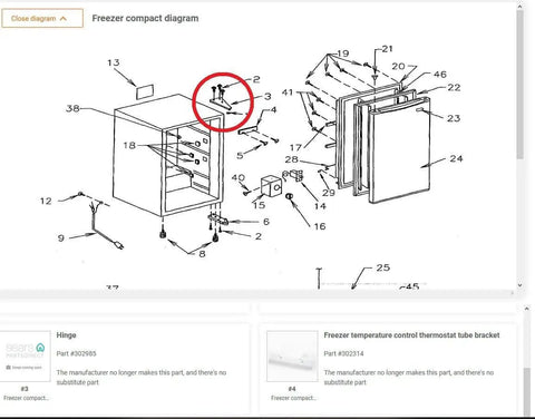Diagram showing Top Hinge For Mini Compact Freezers 302985 303001 Made In USA Replacement For Kenmore Maytag Frigidaire Sanyo