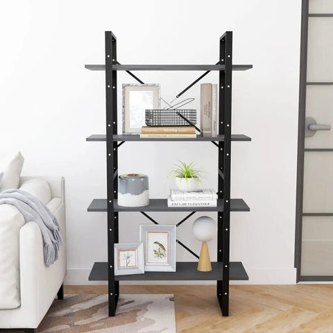 Industrial Four Shelf Book Cabinet In Gray Built From Solid Pine Wood with decor items in a modern living room setting