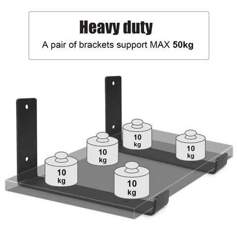 Black Heavy Duty Shelf Brackets 2 Pack Badass J Brackets With Lip For DIY Floating Shelves Industrial Wall Mount showing weight support up to 50kg.
