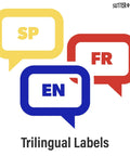 Graphic showing trilingual labels with speech bubbles labeled SP, EN, FR representing Spanish, English, and French options.