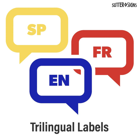 Graphic showing trilingual labels with speech bubbles labeled SP, EN, FR representing Spanish, English, and French options.