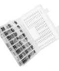 Heavy Duty Stainless Steel Spring Pins 280 Pack Set Sure Grip Tension Fasteners in organized storage box with sizes listed.