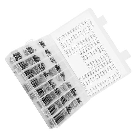 Heavy Duty Stainless Steel Spring Pins 280 Pack Set Sure Grip Tension Fasteners in organized storage box with sizes listed.