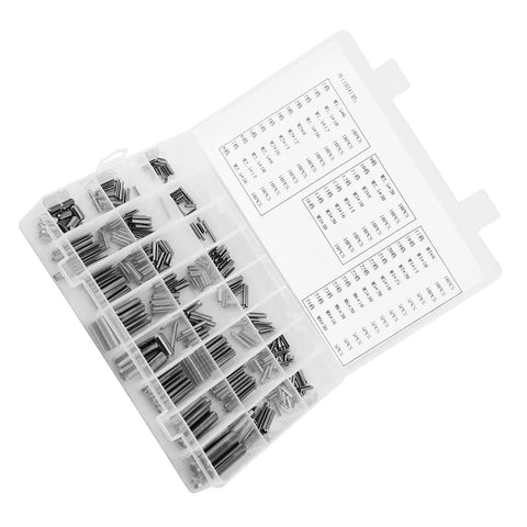 Roll Pin Set In Stainless Steel Assortment With Organized Box, Pro Grade Spring Tension Pins In Sizes M1.5 to M8 visible in box