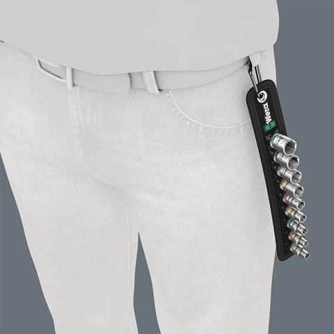 Zyklop One Quarter Inch Drive 9-Piece Socket Set On Durable Textile Belt hanging from waist, showing color-coded sockets.