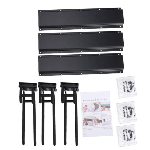 Beefy Garage Wall Storage Kit with 3 heavy alloy steel rails, 6 hooks, hardware, and instructions visible