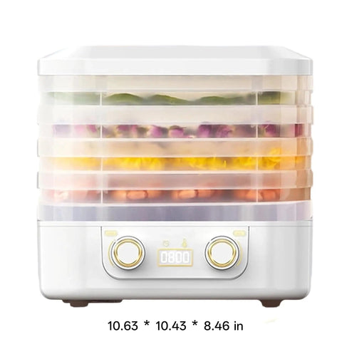 Big Time 6 Tray Food Dehydrator For Home With Clear Racks And Digital Temperature Timer Controls To Knock Out Homemade Jerky Dried Fruit Veggies And Dog Treats Quick As Can Be, front view with stacked clear trays.