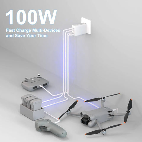 100W GaN USB C Fast Charger for DJI Drones powering multiple drone accessories via 4-port PD power hub with quick charge.