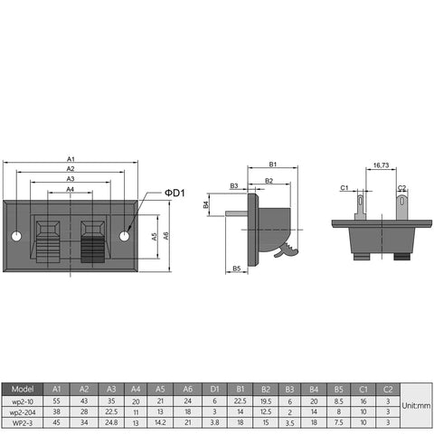 Technical diagram showing dimensions for 5 Piece Spring Speaker Terminal Clips Set, 2 Way Spring Connection Clip Jacks, Push Release Connector.
