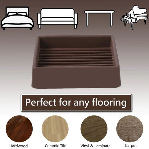 Super Grippy Non Slip Furniture Caster Cups 2x2 Inch Square Floor Protectors For Hardwood Tile Laminate Vinyl shown with flooring options.