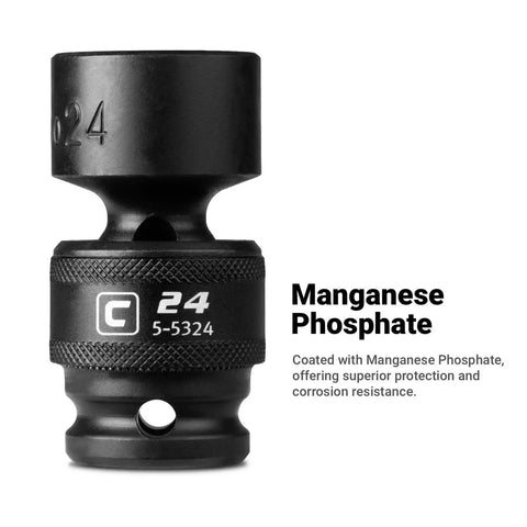 Universal 15mm Impact Socket For Three Eighths Inch Drive, 6 Point Metric, Swivel 360 Degree Reach