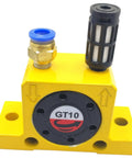 Close-up of Two Pack Beefed Up Pneumatic Air Turbine Vibrator Set For Industrial High Speed Vibration shown in yellow aluminum body with muffler