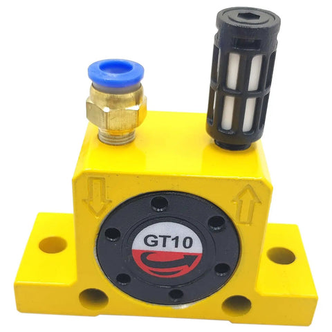 Close-up of Two Pack Beefed Up Pneumatic Air Turbine Vibrator Set For Industrial High Speed Vibration shown in yellow aluminum body with muffler