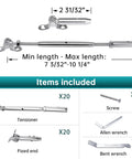 Swageless Cable Railing Kit For Wood Posts, 20-Set With Toggle Turnbuckle Hardware In T316 Stainless Steel, showing components and sizes.