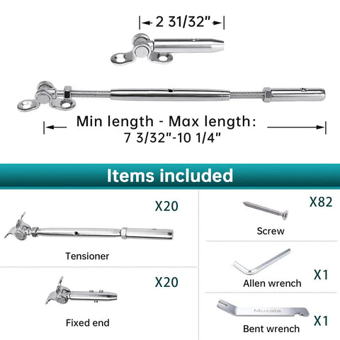 Swageless Cable Railing Kit For Wood Posts, 20-Set With Toggle Turnbuckle Hardware In T316 Stainless Steel, showing components and sizes.