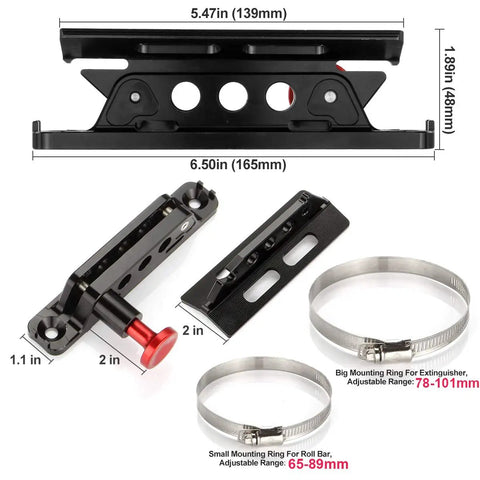 Rugged Aluminum Fire Extinguisher Mount Bracket With Four Clamps For Jeep Wrangler TJ JK JL JKU And UTV Polaris RZR Ranger Quick Release Design One Hand Quick Release Knob, showing detailed dimensions and clamps