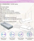 Diagram and features of 60W Triac Dimmable LED Driver, showcasing dimensions, protections, and compatibility for 12V DC strip lights.