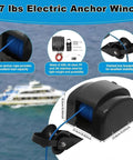 Rock Solid 45 Lbs Electric Boat Anchor Winch With Remote Control Saltwater Marine Windlass Kit Including 98 Ft Rope For Fishing And Pontoon Boats showing nylon rope and iron bracket.