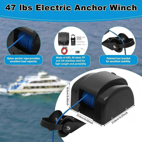 Rock Solid 45 Lbs Electric Boat Anchor Winch With Remote Control Saltwater Marine Windlass Kit Including 98 Ft Rope For Fishing And Pontoon Boats showing nylon rope and iron bracket.