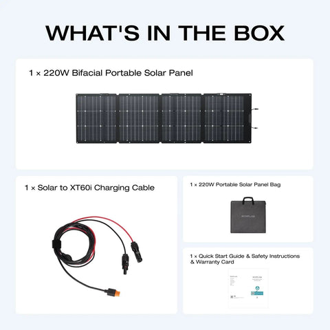 220W Portable Solar Panel With Bifacial Design, cable, panel bag, guides