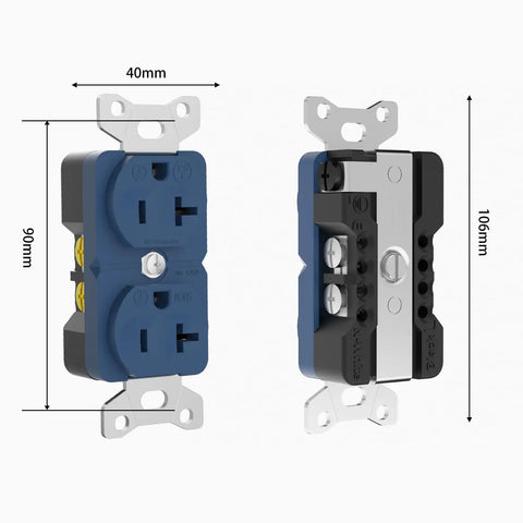 Front and side view of Audiophile Duplex Receptacle 20 Amp 125V Pure Copper Wall Outlet For Home Audio Systems dimensions