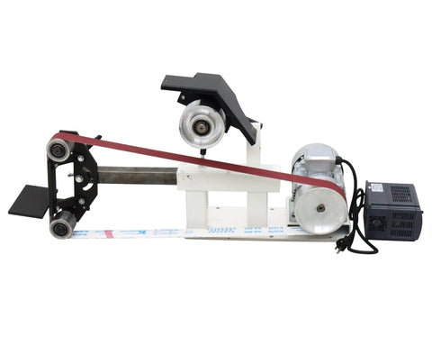 Heavy Duty Belt Sander With Variable Speed Control for Knives and Cutting Tools, showing motor and belt setup.