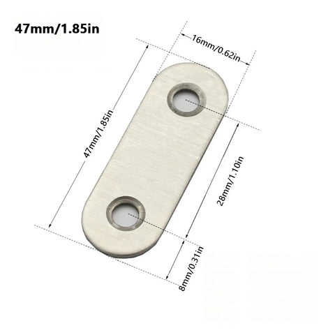 Close-up of stainless steel flat corner brace with dimensions, part of 5 Pack Stainless Steel Straight Flat Corner Brace Bracket Mending Repair Plates Fixing Connector Furniture Fittings For Furniture Shelves 95mm Heavy Duty Reinforcement For Sturdier Joints And Long Lasting Support
