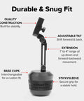 Adjustable Universal Cup Holder Cell Phone Mount Extension For Your Sweet Ride Features Dope Metal Knobs Tight Secure Grip And Reliable Smartphone Compatibility showing durable construction and adjustable features.