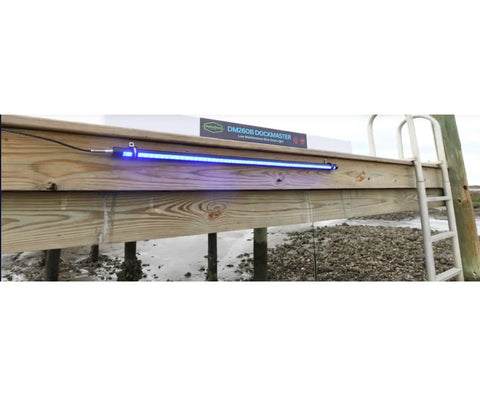 Top Shelf Green Dock Light And Fishing Lantern Waterproof Marine Grade Adjustable Bright Illumination For Nighttime Angling Crew Favorite Solid Deck Upgrade Package shown mounted on dock with blue illumination.