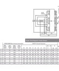 Diagram of Magnetic Powder Brake FZ50A1 5Kg Single Axis Beefy Alloy Frame with technical specifications table.