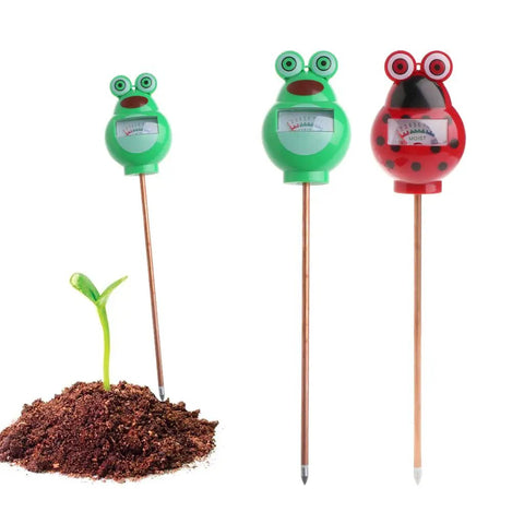 Soil Moisture Tester Kit For Plants And Lawns, Indoor Outdoor Humidity Meter with frog and ladybug design, next to soil and sprout
