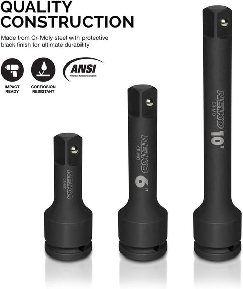 Built Tough CrV Steel Three Quarter Inch Drive Impact Extension Bar Set with 4, 6, and 10 inch extensions, black finish