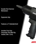 One Half Inch Impact Wrench With Two Inch Anvil, Low Noise Twin Hammer Mechanism, Ergonomic Design, and NiCrMo Alloy Steel Body