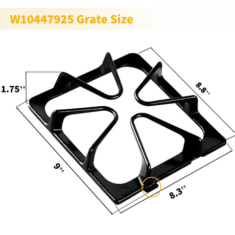 4 Pack Stove Grates Replacement 8.8 x 8.3 Inches Porcelain Enamel Cast Iron For Maytag Amana Inglis Kirkland Kenmore Gas Range Cooktop Burner Grate Set with dimensions shown