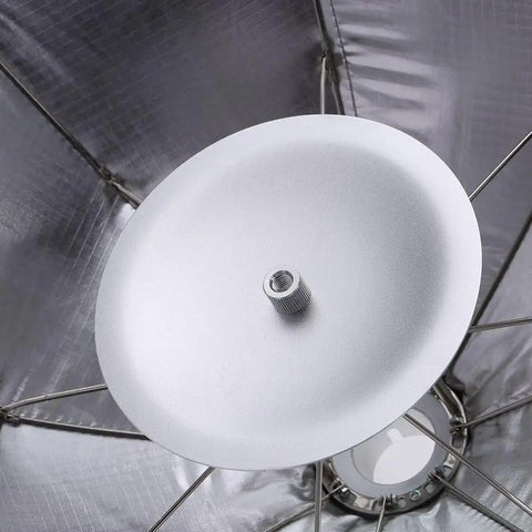 Interior view of Multi Functional 48cm Umbrella Style Softbox for Quick Setup and Portable Studio Lighting with silver disc to cut shadows