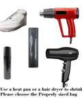 Slick Heat Shrink Bags Heavy Duty PVC Wrap Game Changing For Soap And Candle Creations 8X10 Inches True Blue 100 Pack with hair dryer and shoe.