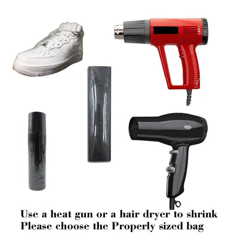 Slick Heat Shrink Bags Heavy Duty PVC Wrap Game Changing For Soap And Candle Creations 8X10 Inches True Blue 100 Pack with hair dryer and shoe.