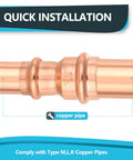 Close-up of 1.5 to 0.75 inch copper press fit coupling reducer plumbing connector for quick installations.