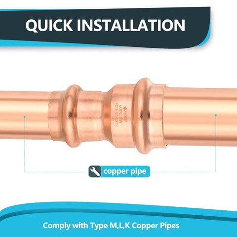 Close-up of 1.5 to 0.75 inch copper press fit coupling reducer plumbing connector for quick installations.