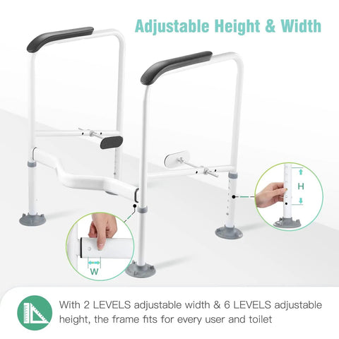 Heavy Duty Toilet Safety Rail For Elderly With Adjustable Height And Width Anti Slip Grab Bar With Non Slip Mat Supports Up To 350 Lbs showing adjustable settings
