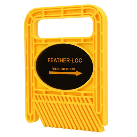 Heavy Duty 2 Pack Adjustable Featherboard For Table Saw Router Fence Band Saw Hella Stable Wedge Locking System With Extended Grip Range For Precision Woodworking In Bright Yellow ABS, showing detail of one featherboard with feed direction.