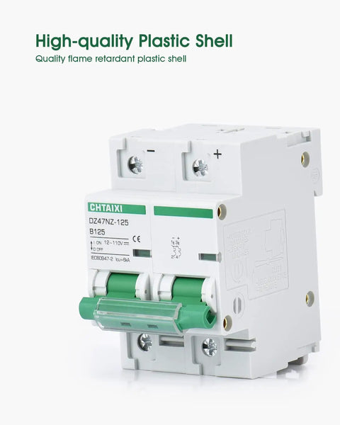 Beefy Heavy Duty 2 Pole 125A DC Circuit Breaker 12V to 110V DC Thermal Magnetic Trip DIN Rail Mount B125 front view