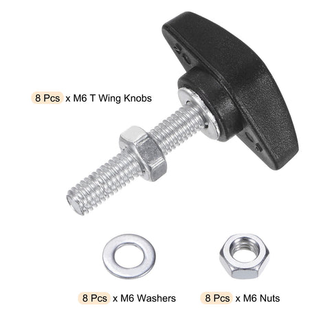 Rock Solid 8 Pack M6 Metric Tee Wing Thumb Screws With Black Plastic Handles Matching Nuts And Washers, including nuts and washers.